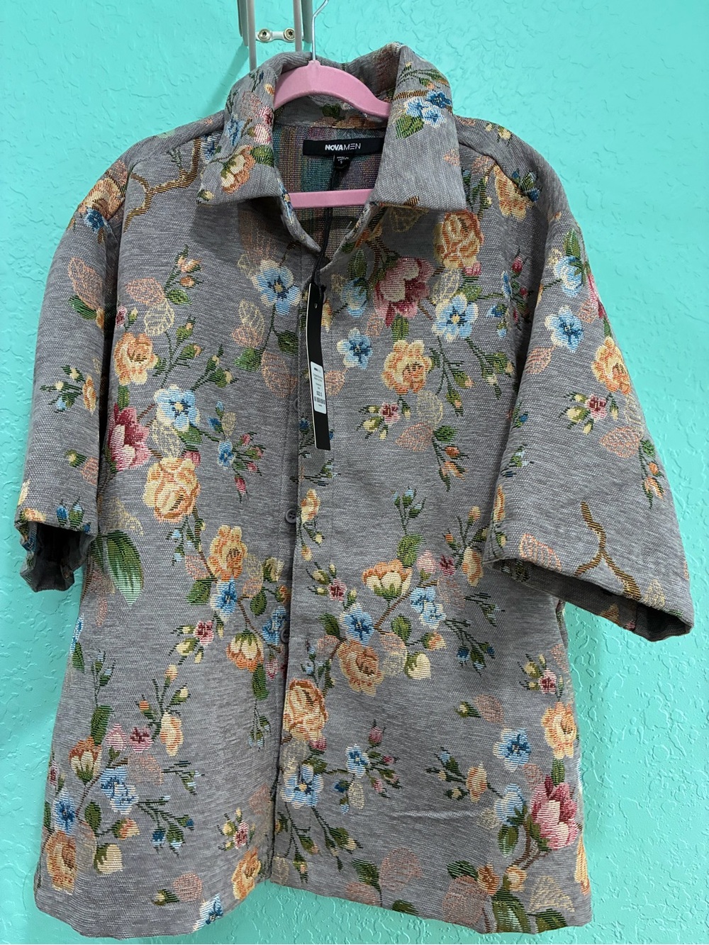 Nova Men cropped Blooming button up shirt grey NWT S floral tapestry coquette